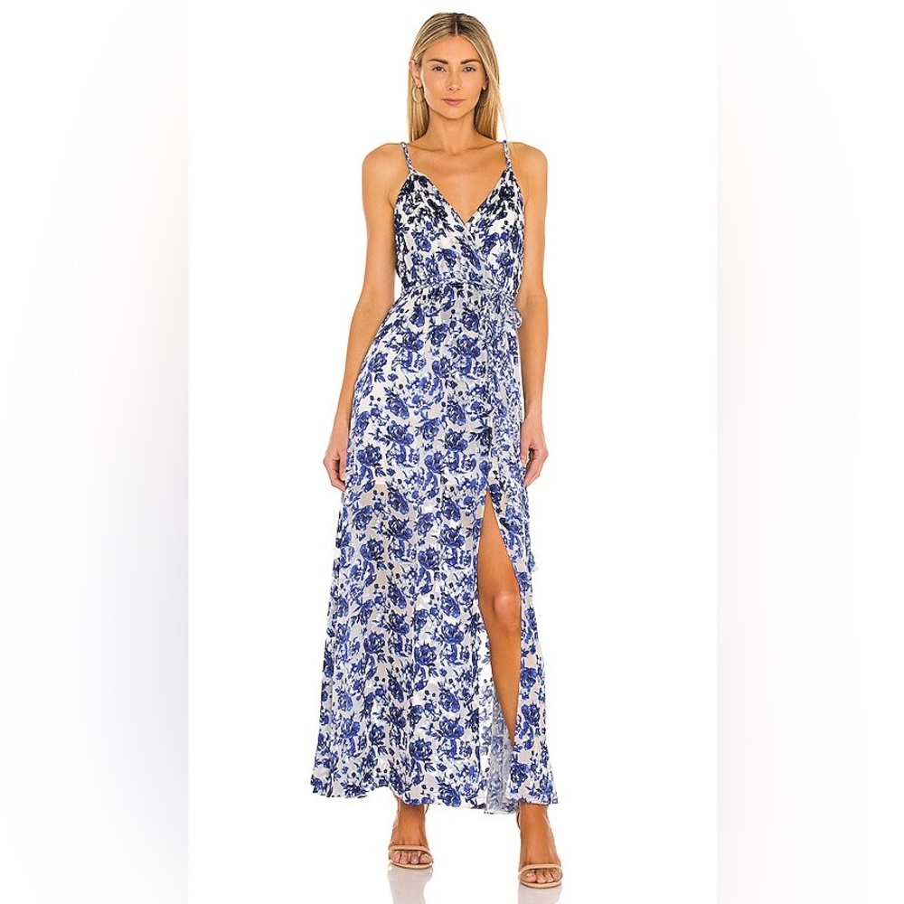 Alice + Olivia Samantha Floral Silk Braided Tie Maxi Dress Blue White Size 2